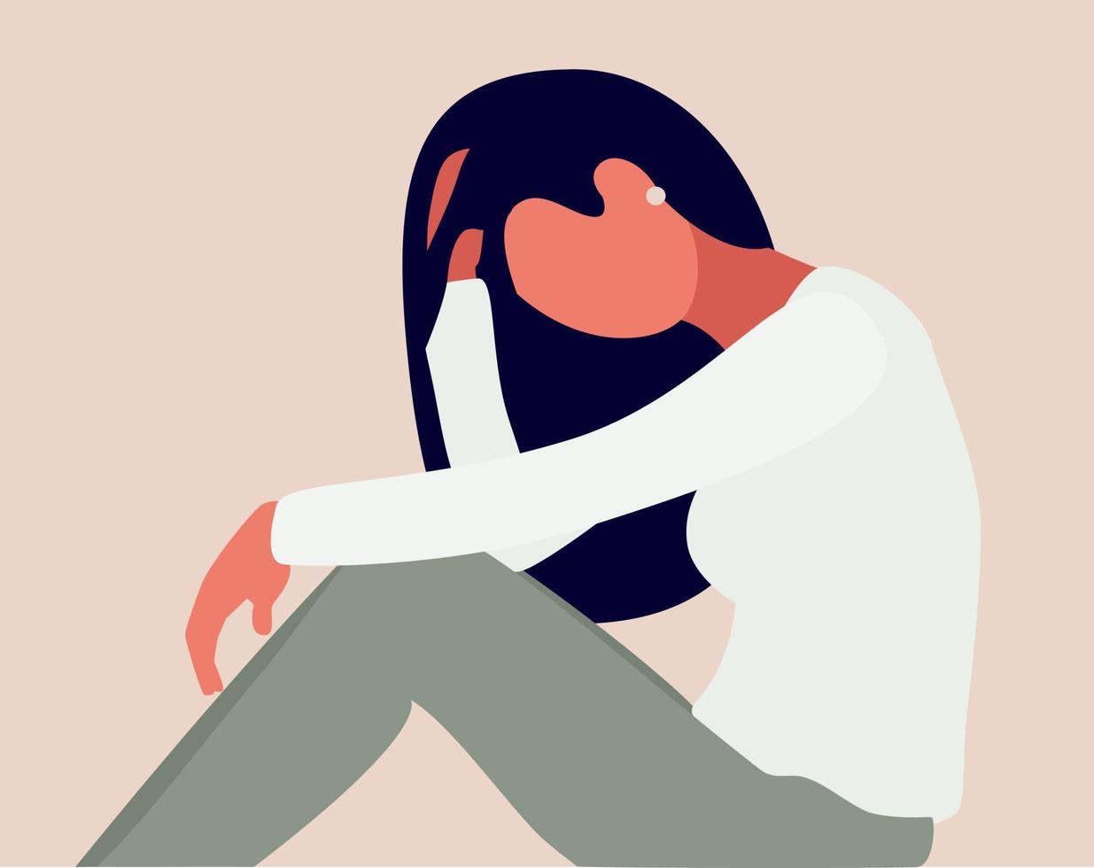 A young sad girl is sitting and unhappily holding her head with her hand. A woman with confused thoughts in her head. vector