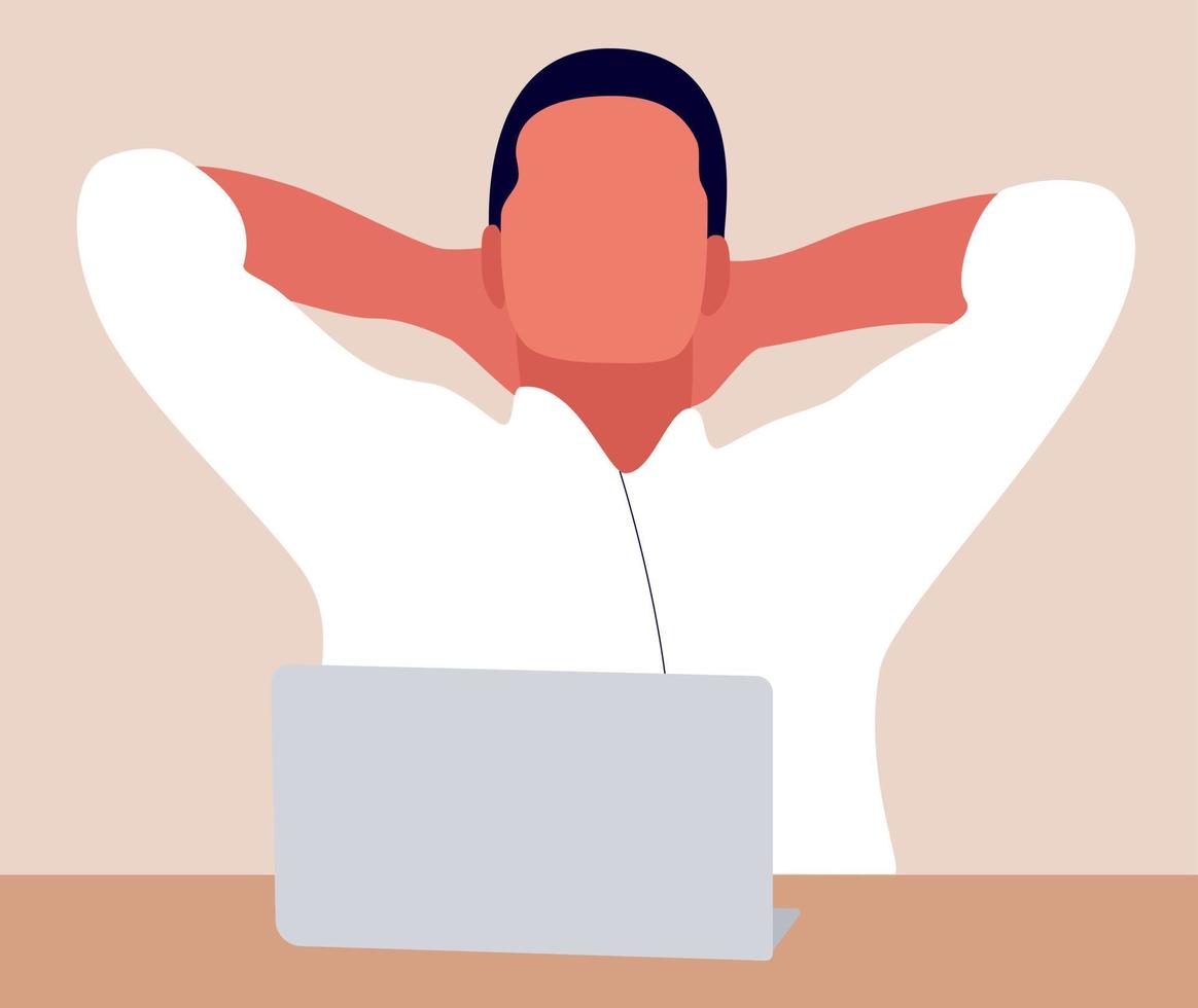 A man in a white shirt with a laptop is sitting on a chair. Illustration in a flat style vector