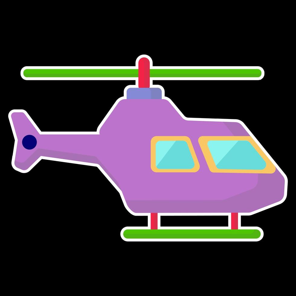 helicóptero de pegatina de juguete. ilustración de vector plano de helicóptero de juguete de dibujos animados sobre un fondo negro.