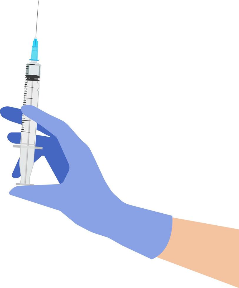 The syringe is in the doctor's hand. A syringe for injection. A gloved hand holds a syringe. The concept of healthcare in medicine. vector