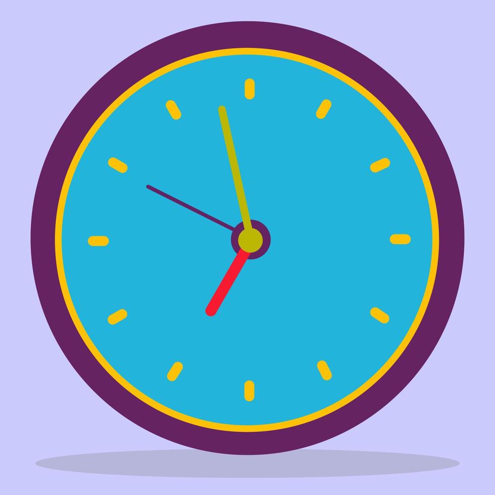 Purple clock icon in a flat style, round timer on a blue background with a yellow dial. A simple watch. vector