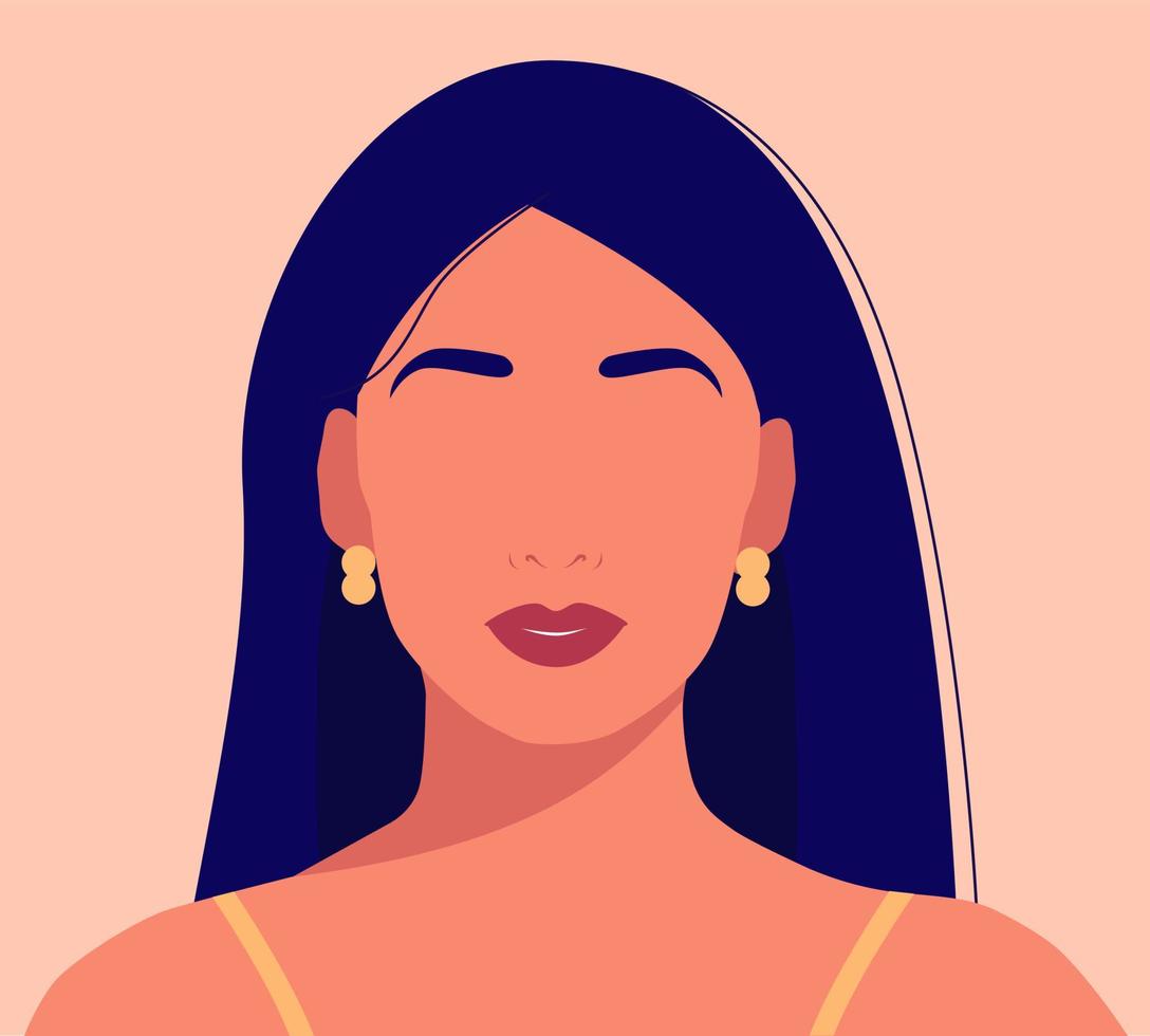 Portrait of a beautiful girl. A young brunette. Avatar for social networks. Fashion and beauty. Bright vector illustration in a flat style.