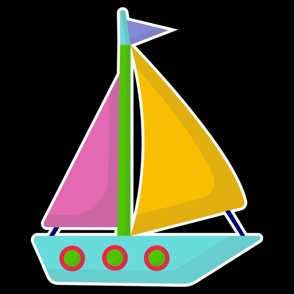 Sticker toys for a child. A cartoon ship with sails and a flag. Isolated on a black background vector illustration of water transport.