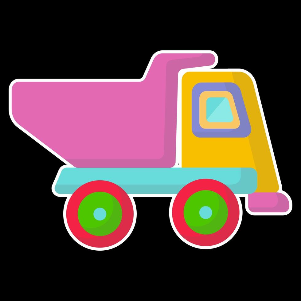 Colored plastic dump truck. Toy sticker on a black background. vector