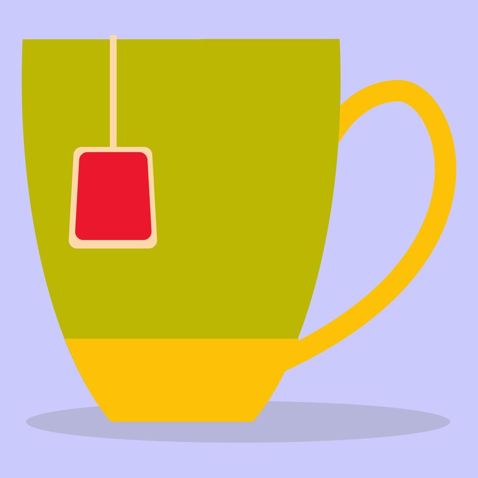 A green cup with a tea bag painted in a flat style. Hot drink - vector illustration of a cup of tea.