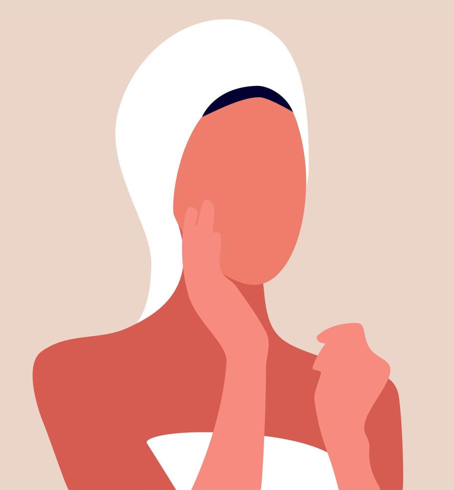 A girl in a towel, getting ready to take care of her face. A beautiful woman in a towel applying moisturizing lotion. vector