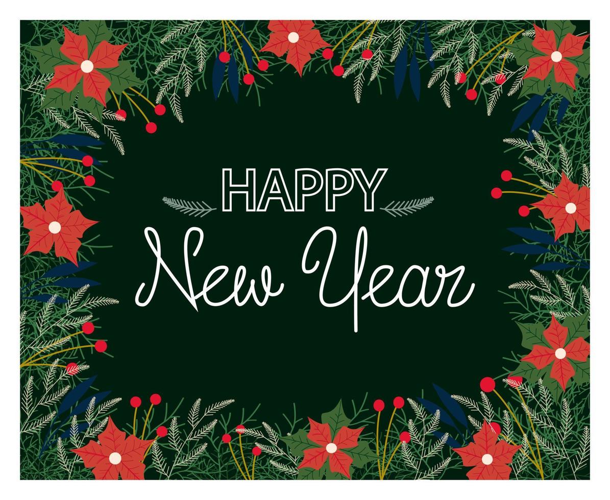 Happy New Year greeting card. Festive red flowers and branches with congratulations on a green background. vector