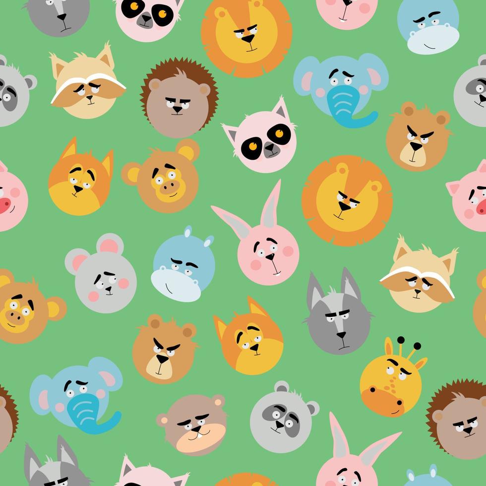 Seamless pattern with forest animals. Vector image on a green background. Animal faces.
