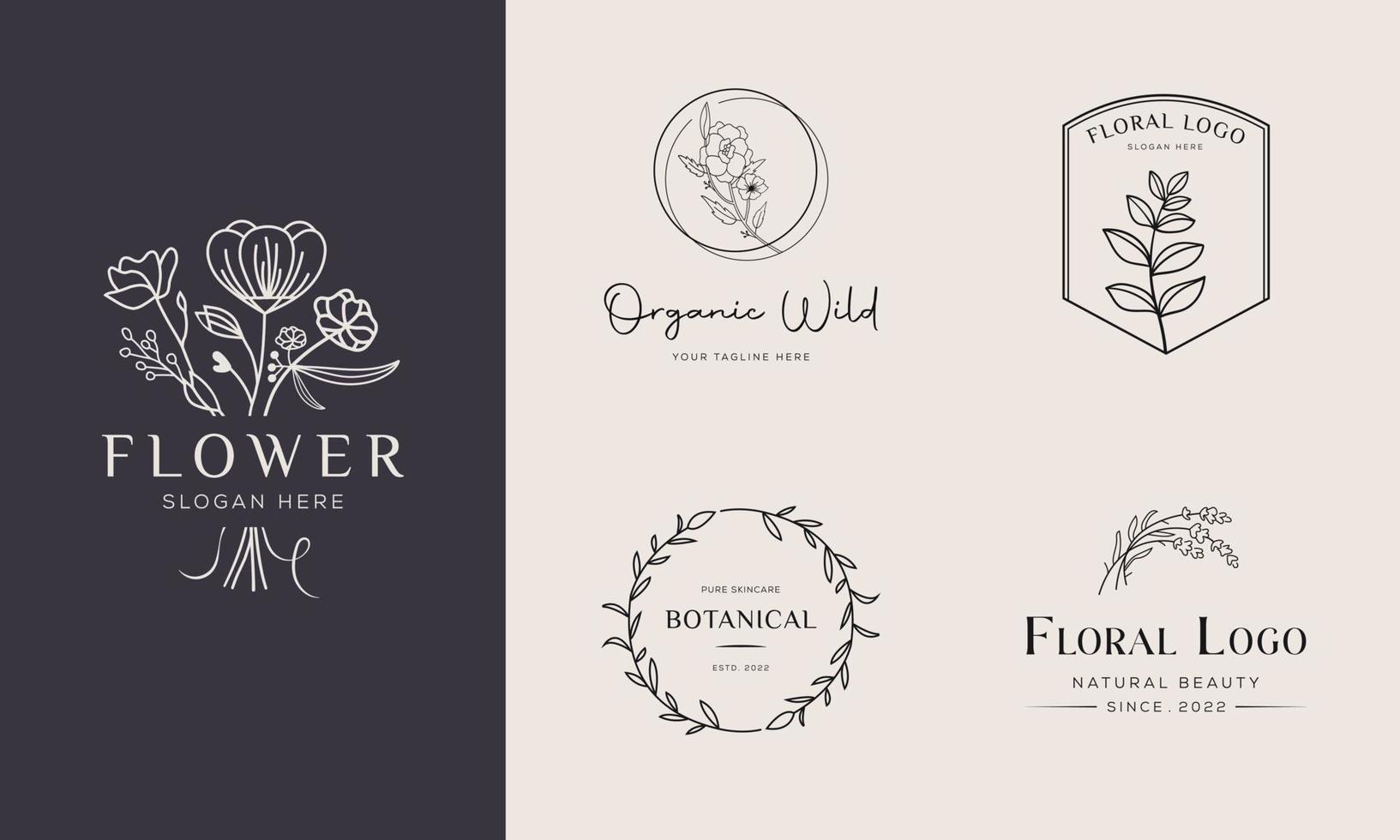 conjunto de elementos botánicos florales dibujados a mano con flores silvestres y hojas. logo para spa y salón de belleza, boutique, tienda orgánica, boda, diseñador floral, interior, fotografía, cosmética vector