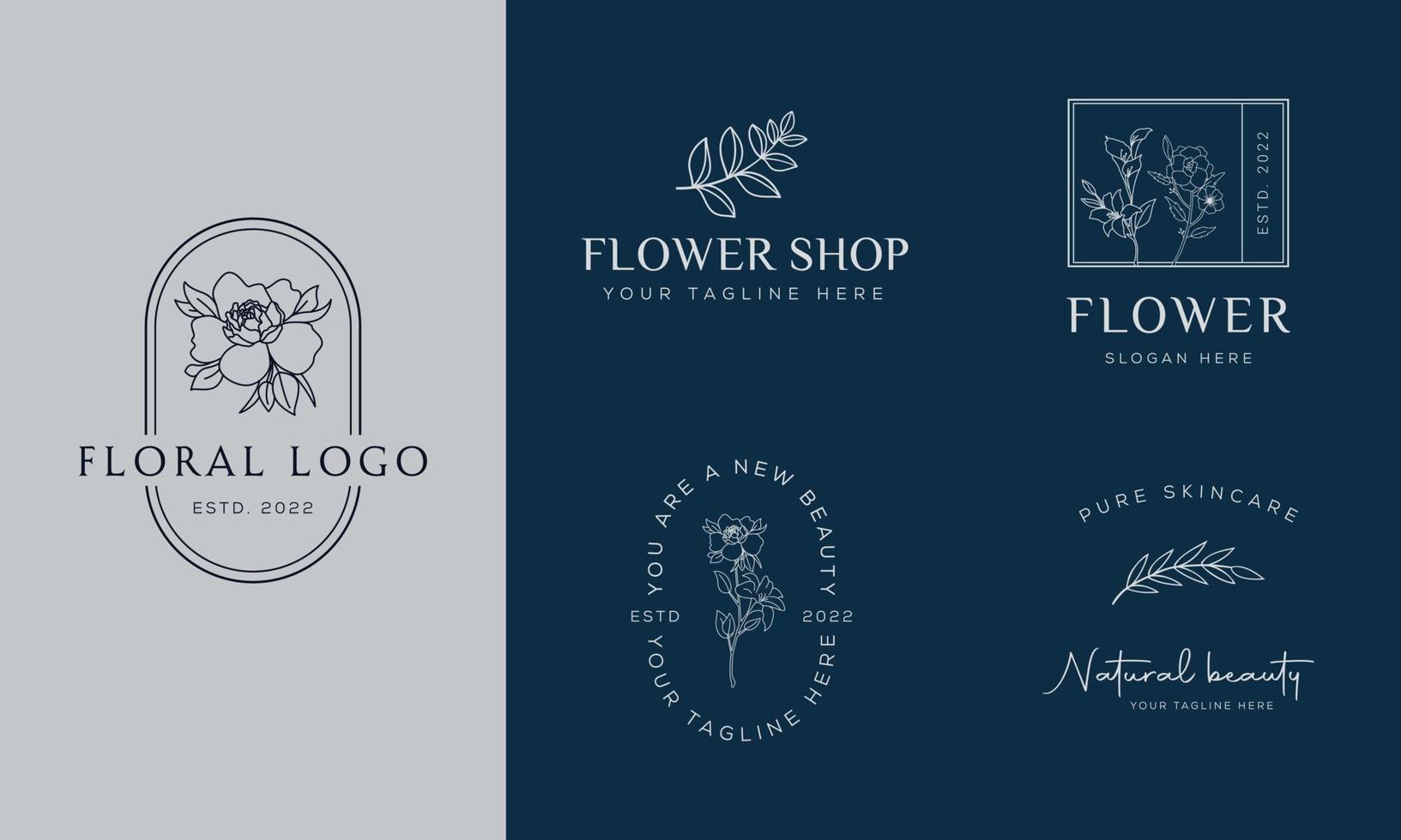 Set of Botanical Floral element Hand Drawn Logo with Wild Flower and Leaves. Logo for spa and beauty salon, boutique, organic shop, wedding, floral designer, interior, photography, cosmetic vector