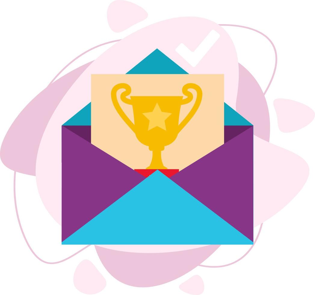 The envelope is open. The envelope contains a letter with the winner gold cup. The message of victory, the winner's cup. Flat vector illustration.