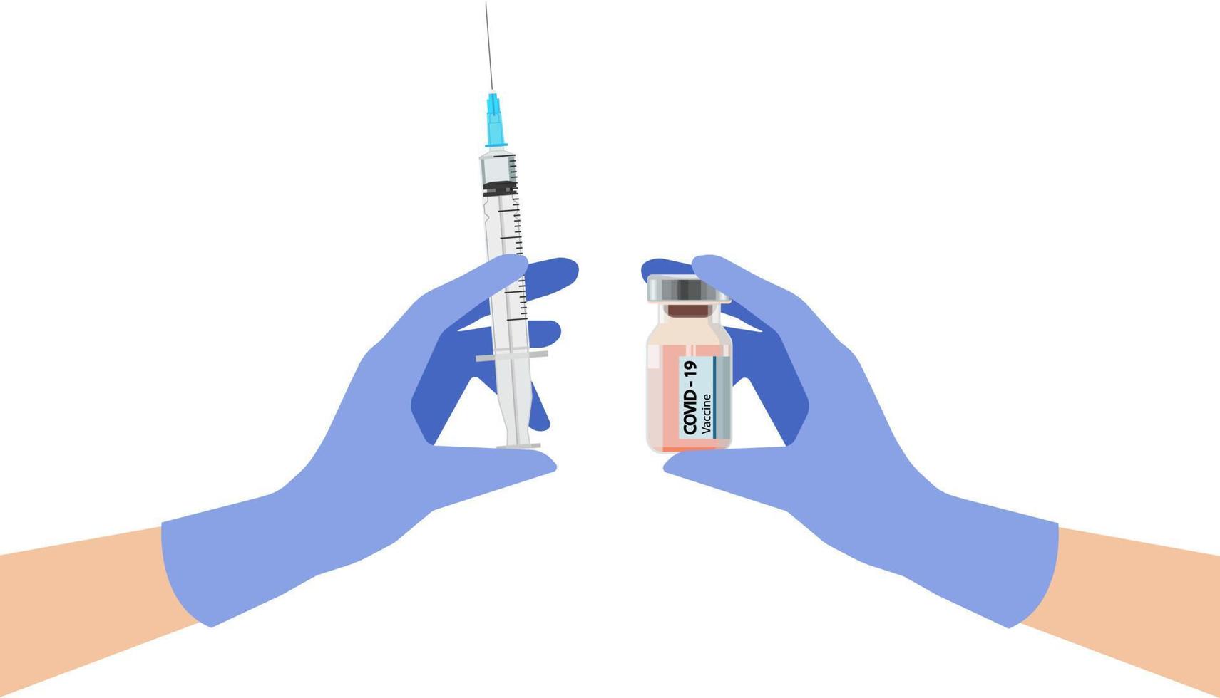 una mano enguantada sosteniendo una jeringa y una ampolla. inyección. vacunación médica. vacuna vacuna. vector