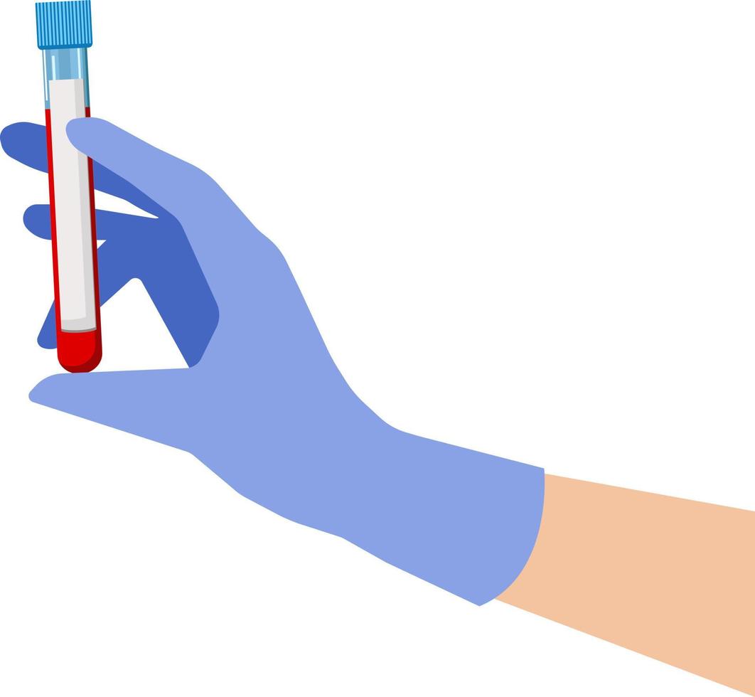 An image of a gloved hand holding a vial of blood for testing on COVID-19. vector