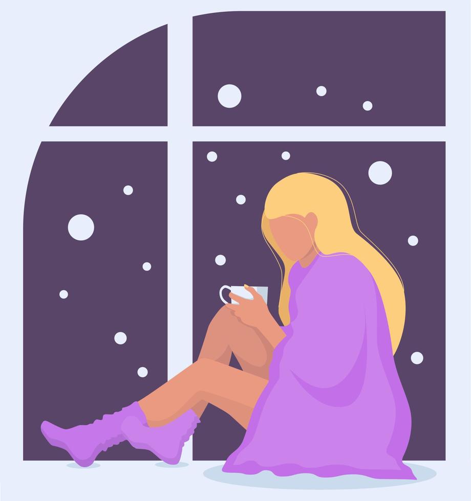 ventana de invierno una linda chica bebe café en casa. una mujer en la ventana de invierno. la imagen de una niña en la temporada de invierno. vector