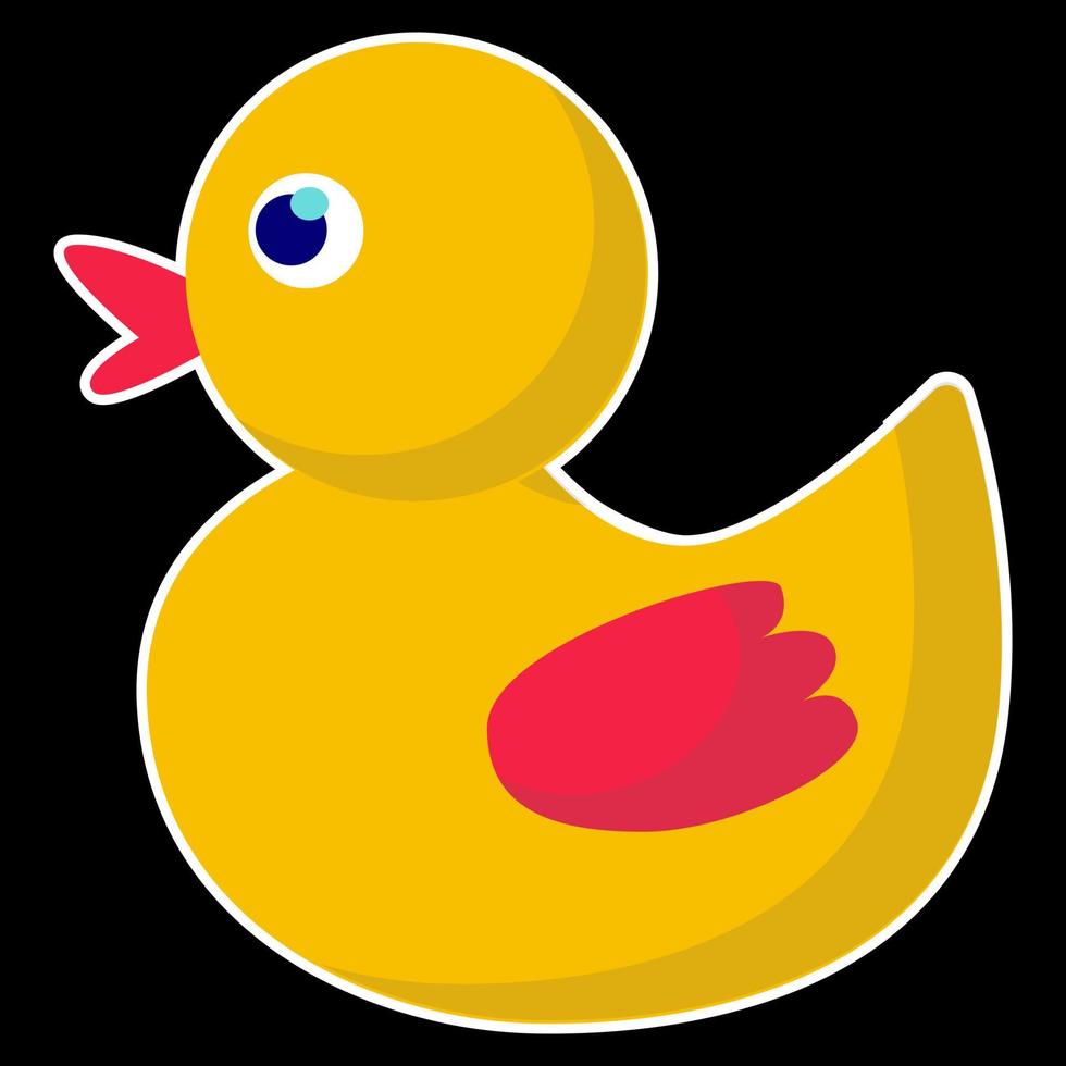 Vector rubber, yellow duck. Realistic yellow toy for kids. Duck sticker on a black background.