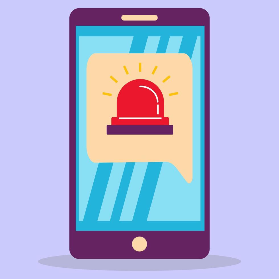 Phone notification, alarm and police flashing lights on the phone display. Flat illustration. vector