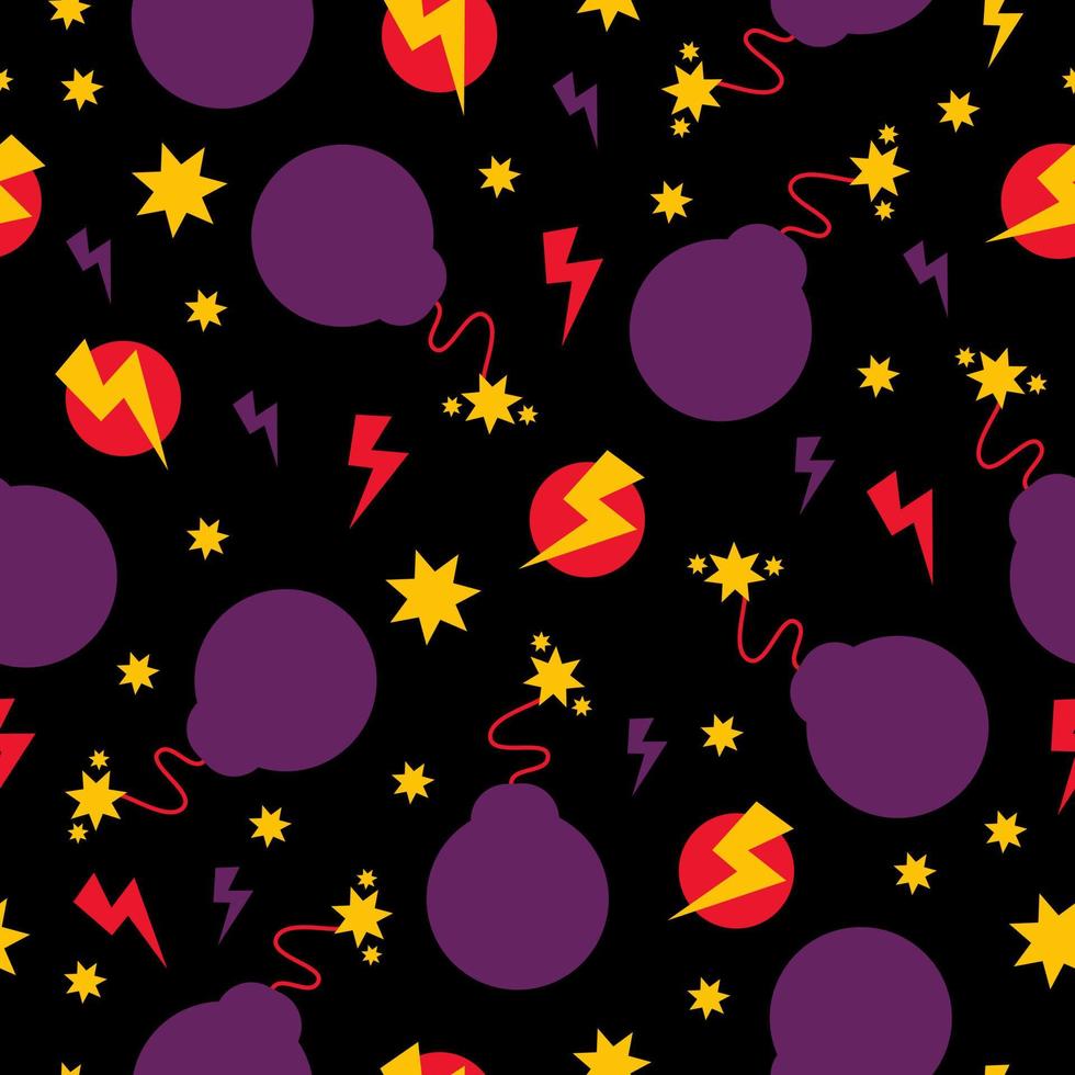 Seamless pattern with bombs, explosions and fireworks on a black background. vector