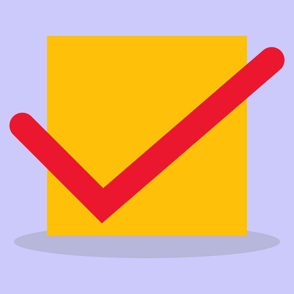 Check mark. A red checkmark in a yellow square. The image is made in a flat style. Vector illustration. A series of business icons.