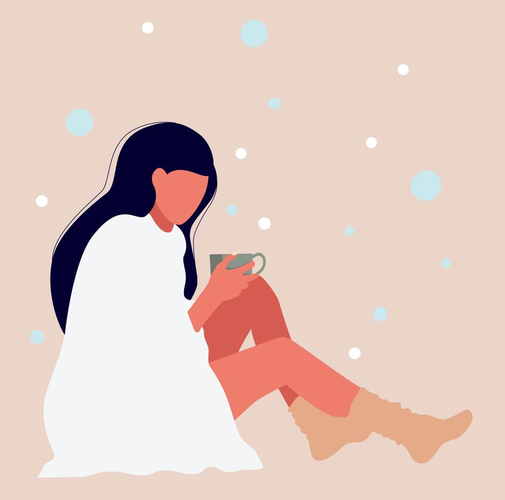 A sad and lonely teenage girl is sitting on the floor and has her head down. A girl with a mug of tea in her hands. vector