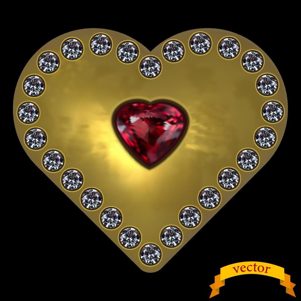 Gold image of a heart with stones on a black background. Vector image.