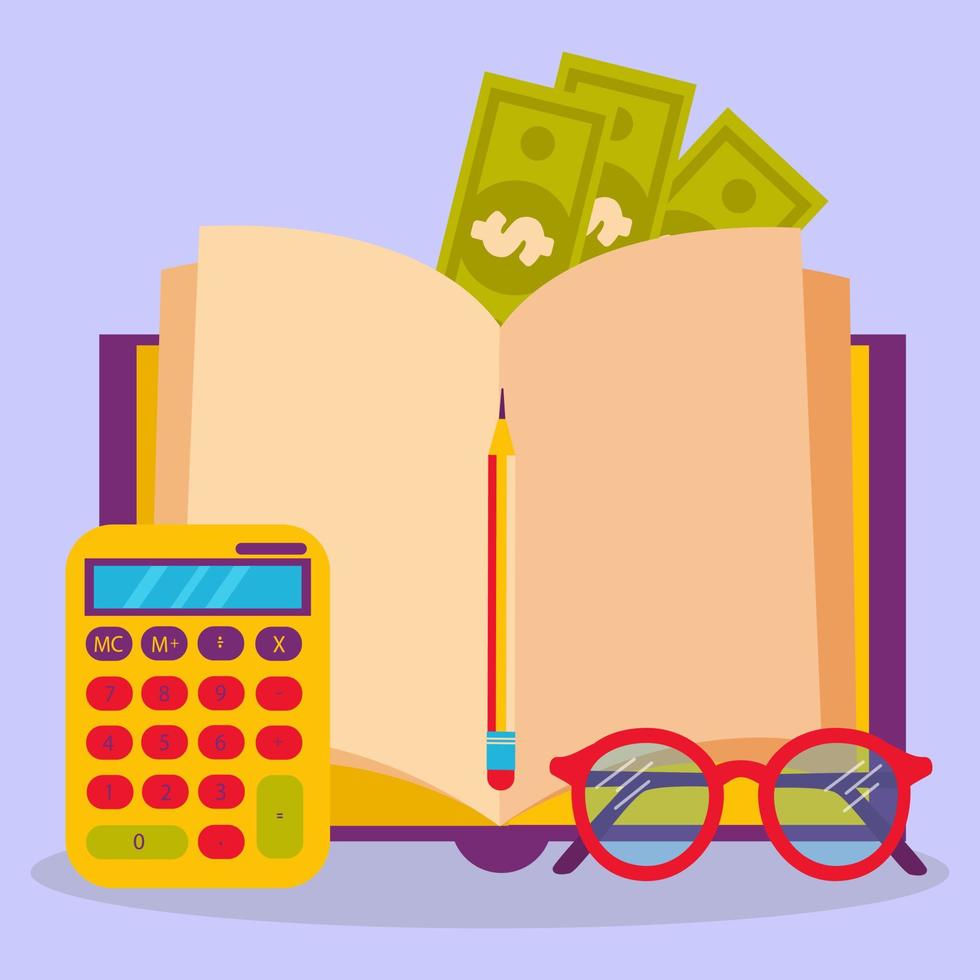 Organization of accounting, financial, and data. Accounting book, calculator, glasses, money, pen. vector
