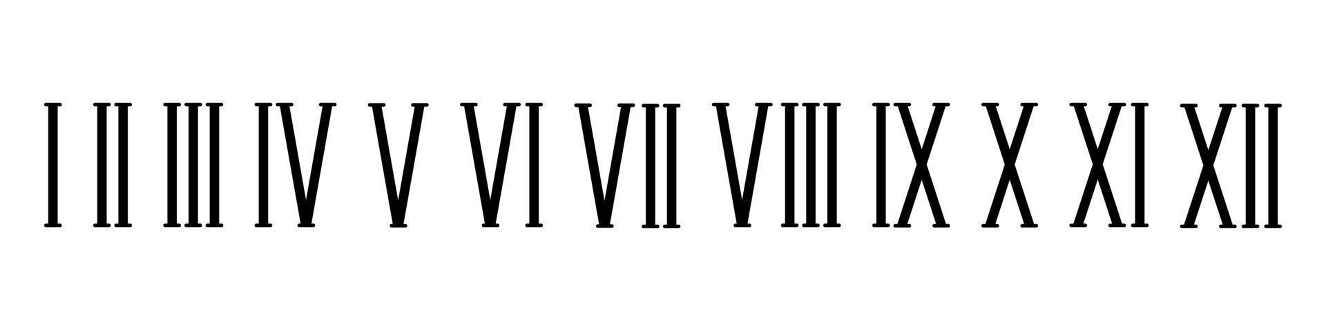 conjunto de fondo blanco de números romanos negros. elegante fuente de número antiguo 1 a 12 matemáticas de lujo antiguas para plantillas y conteo de vectores retro