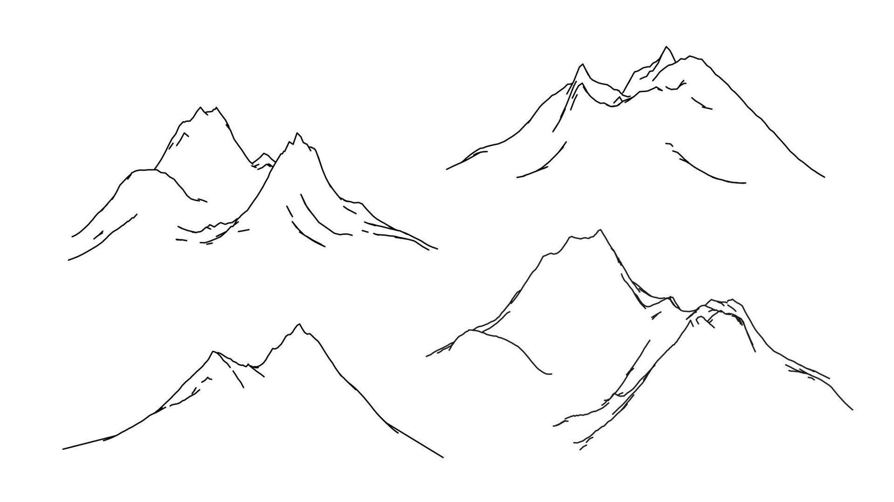 Outline steep mountain range illustration set. Everest black panorama sketch with outdoors rocky cliffs in vector snow