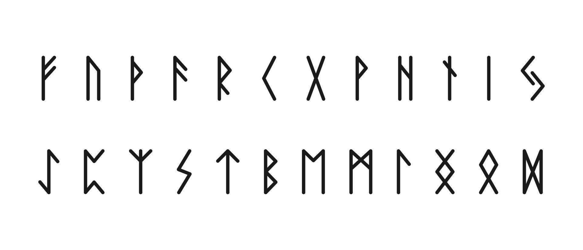 Scandinavian ancient runes. Black symbols of letters of esoteric germans and norwegians. Ettir hieroglyphic alphabet with clinographic vector futhark