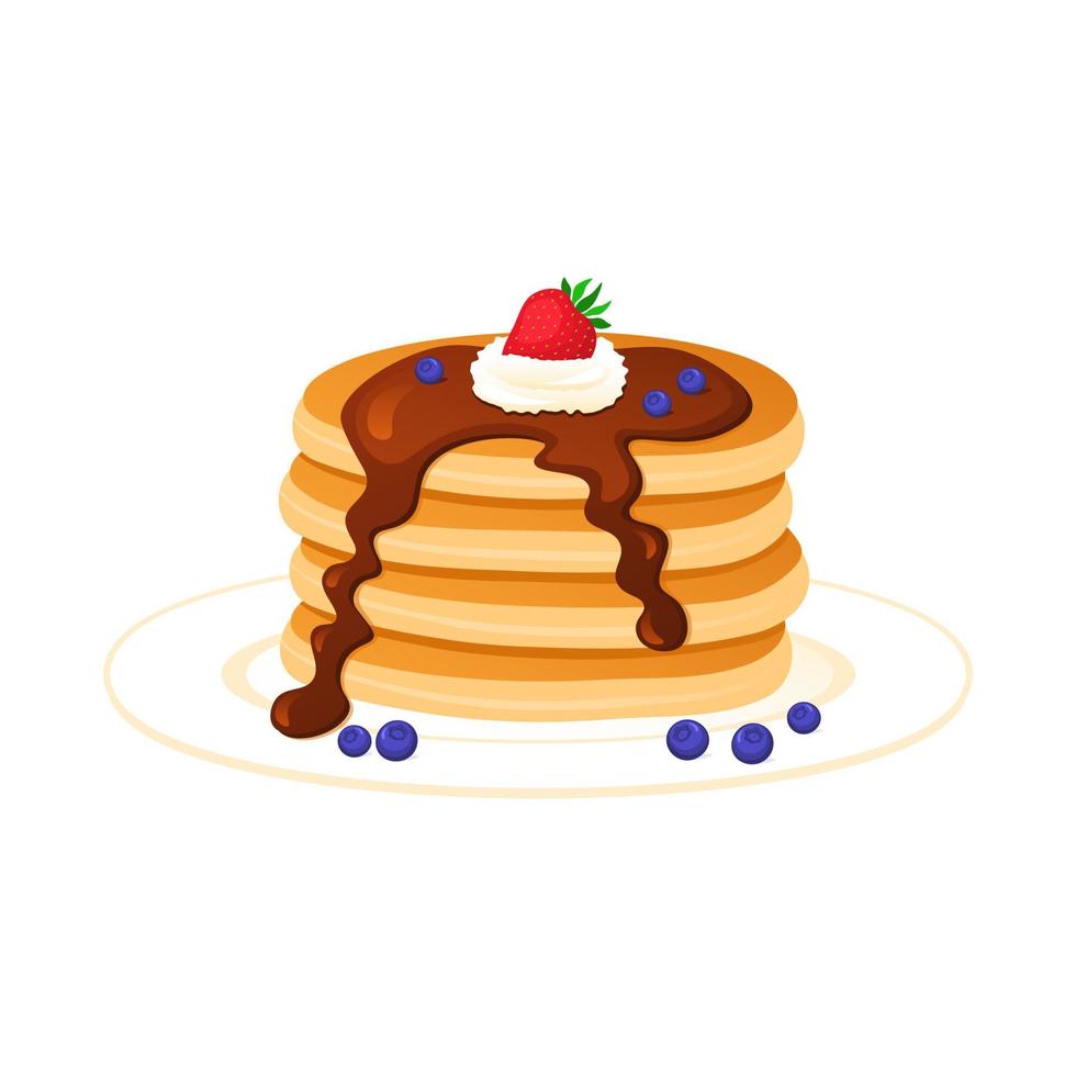 tortitas con sirope de chocolate y fresas. pasteles dulces con mantequilla y salsa de arándanos. bocadillos de confitería decorados con bayas frescas y frutas vectoriales vector