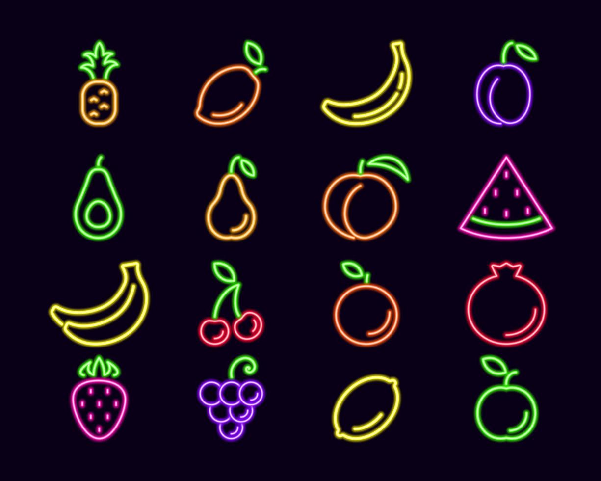 Neon fruits line art. Glowing ripe grape with pear and tropical mango. Fresh grapes with sweet strawberry and appetizing vector peach