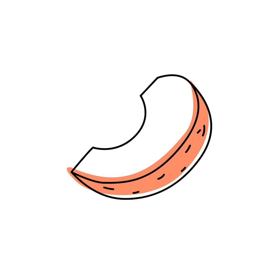 Doodle outline slice peach with spot. Vector illustration for packing.