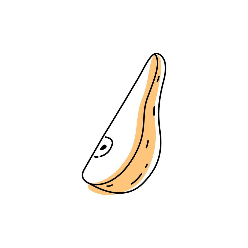 Doodle outline slice pear with spot. Vector illustration for packing.