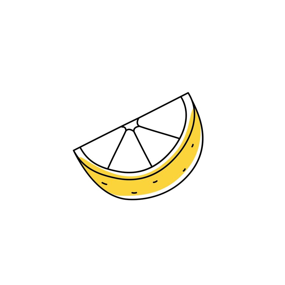 Doodle outline slice lemon with spot. Vector illustration for packing.