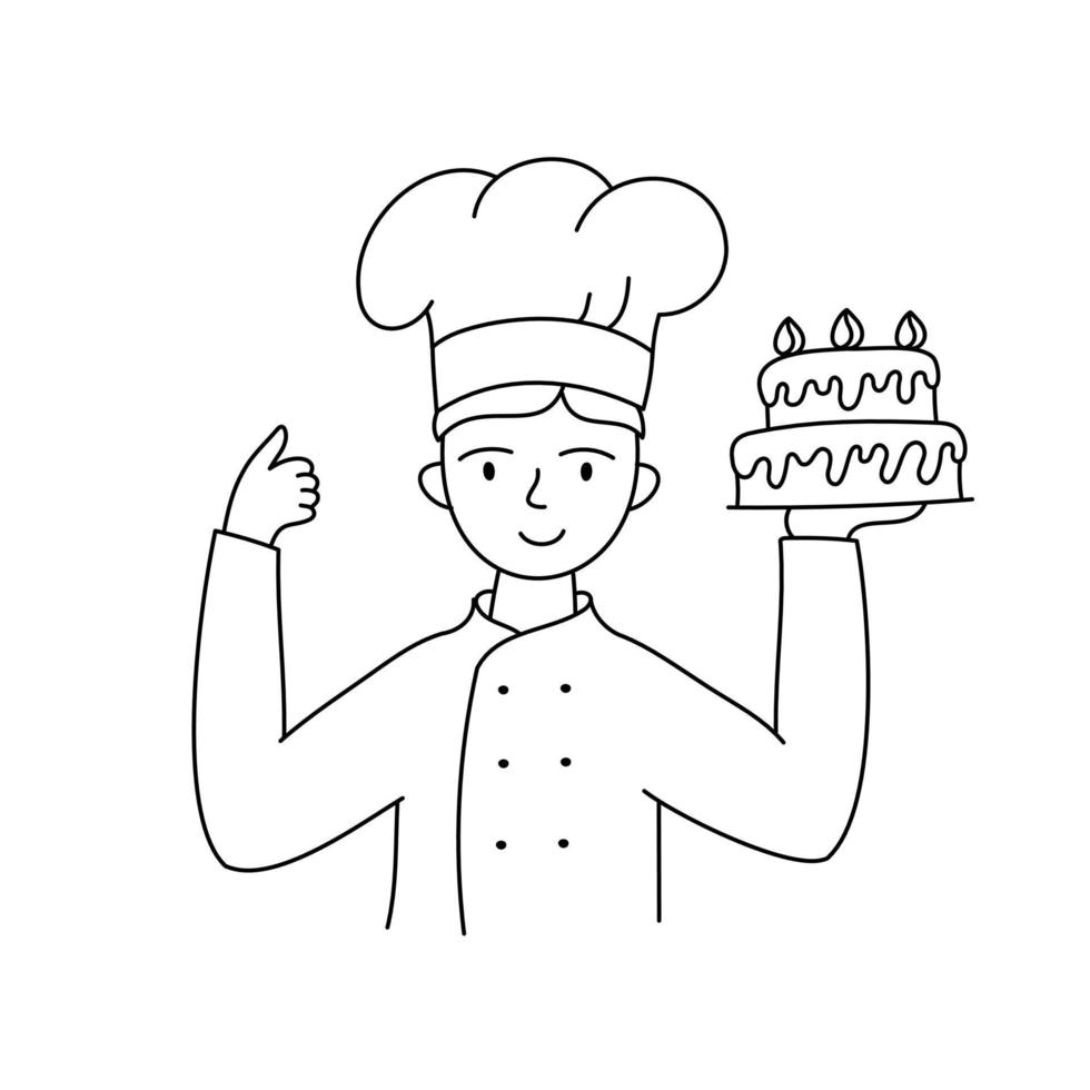 Baker in a chef's uniform with various baked goods vector