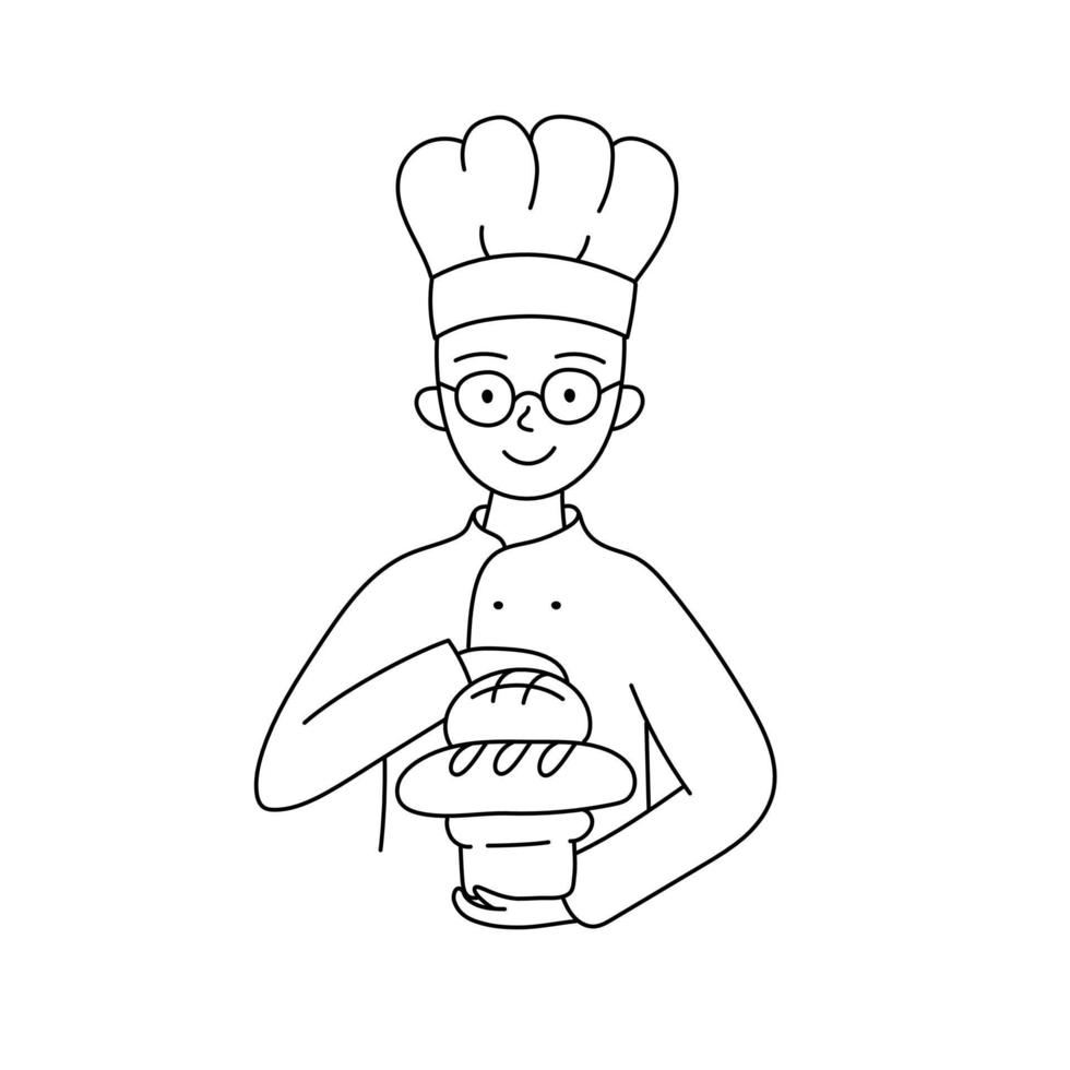 Baker in a chef's uniform with various baked goods vector