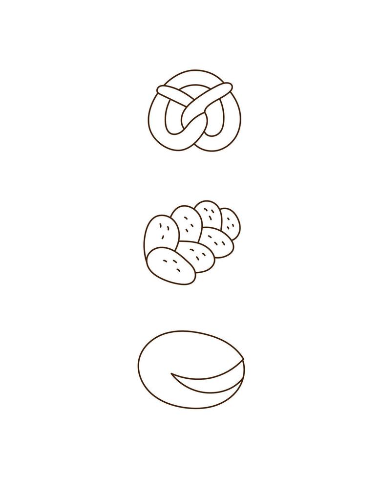 Bakery collection pretzel, brioche doodle outline illustration. vector