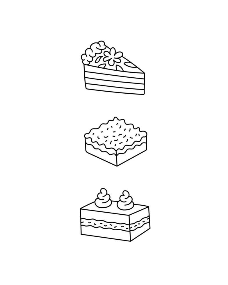 Bakery collection cake doodle outline illustration. vector