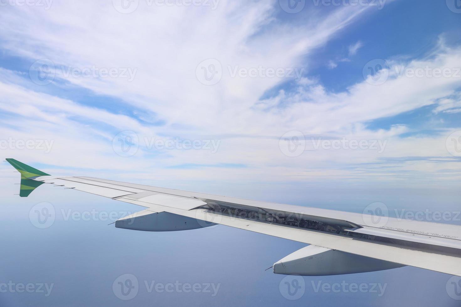 Wing of an airplane with beautiful sky cloud photo