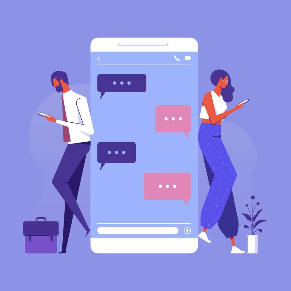 Chat messages smartphone, Sms on mobile phone screen. Man, woman couple chatting, Messaging using chat app or social network. Two persons cellphone conversation sending messages vector