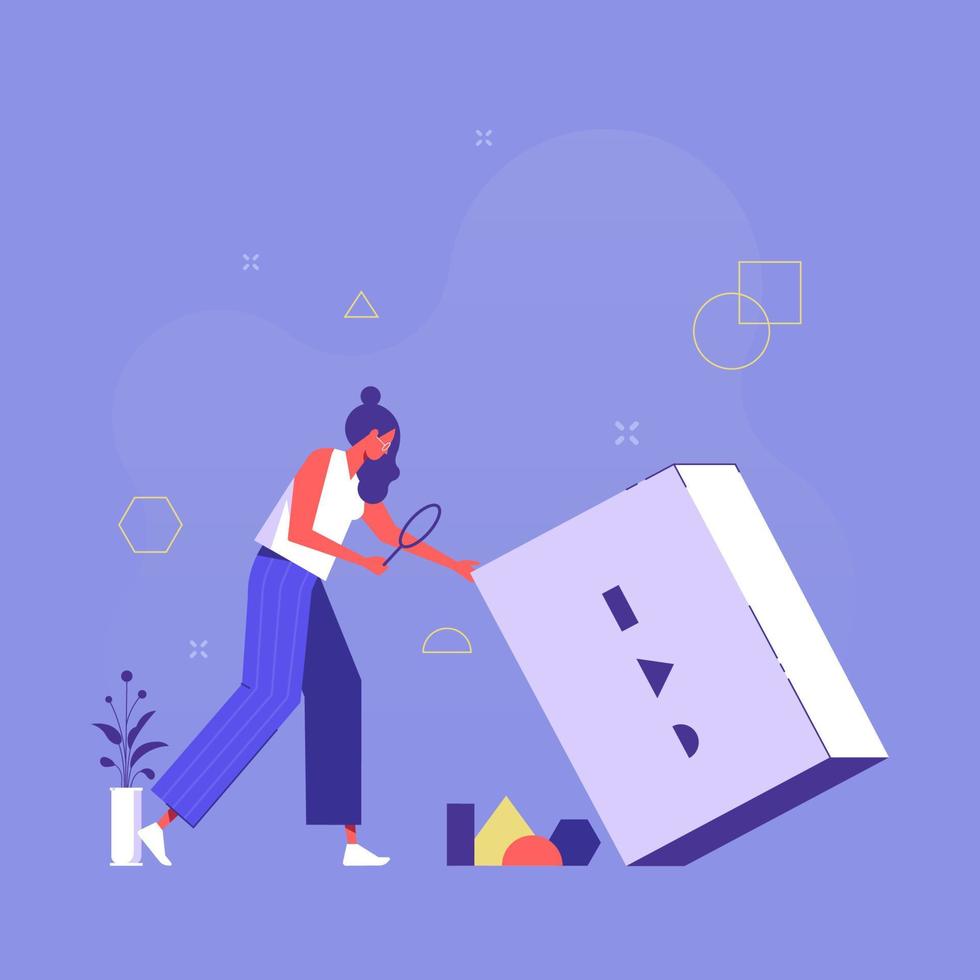 Finding idea, answer and solution in labyrinth, challenge and problem solving concept, businesswoman finding geometry to complete the puzzle game vector