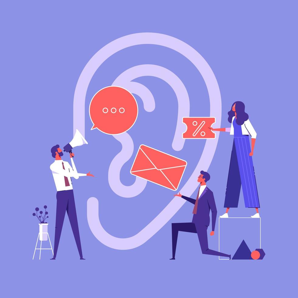 Social media promotion, business team using big loudspeaker to communicate with audience, sending advertising emails, offering sale and discount vector