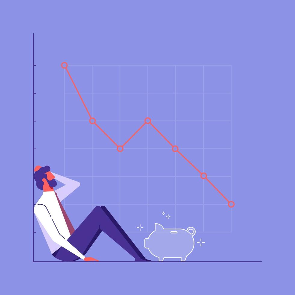 business man sitting on graph with empty piggy bank and arrows of stock market falling down. Male person sad, thoughtful, concerned. Concept of financial crisis, stock market fall vector