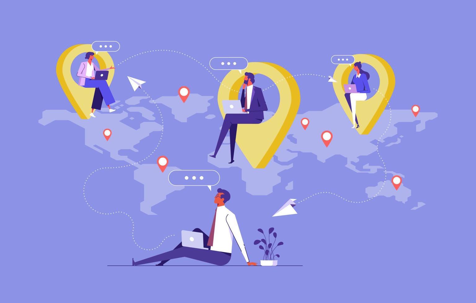 People from all over the world, remote job or distance work concept, businessman working remotely with computer laptop on location map pin vector