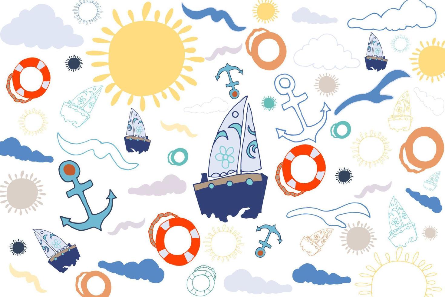 Bright summer background in doodle style, hand drawn on a white background. ship, lifebuoy, anchor, seagulls, clouds, sun. for textiles, covers, posters, postcards vector