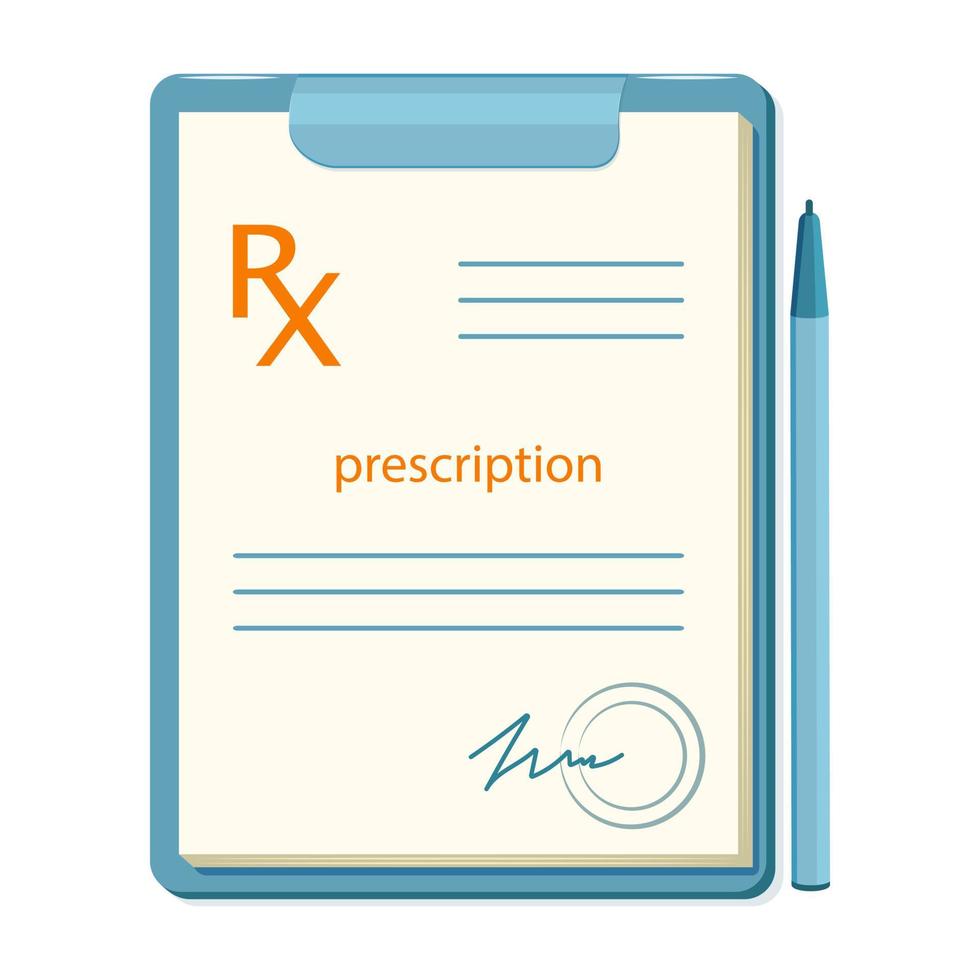 Form of doctor prescription for the purchase of medicines in pharmacy with pen on the right. vector