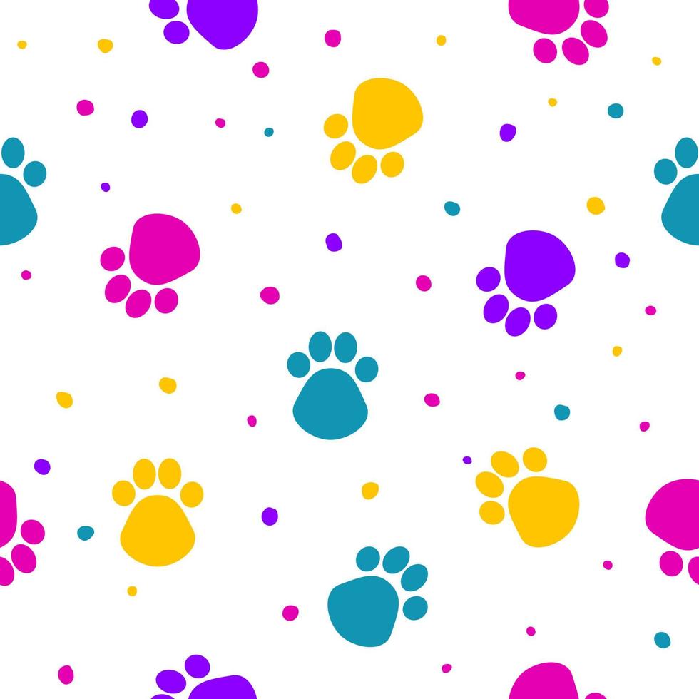 patrón sin costuras de papel de envolver de pata de perro para usar en el diseño. perfecto para papel tapiz de fiesta, estampado textil de vacaciones, tarjeta de fiesta para niños, publicidad de venta de tiendas de mascotas, etc. vector