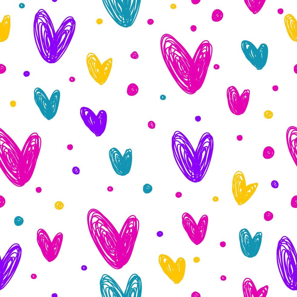 Bright doodle hearts wrapping paper seamless pattern for use in design. Perfect for summer party wallpaper,  holiday textile print,kids party card, shop sale advertising, woman or girl dress. vector