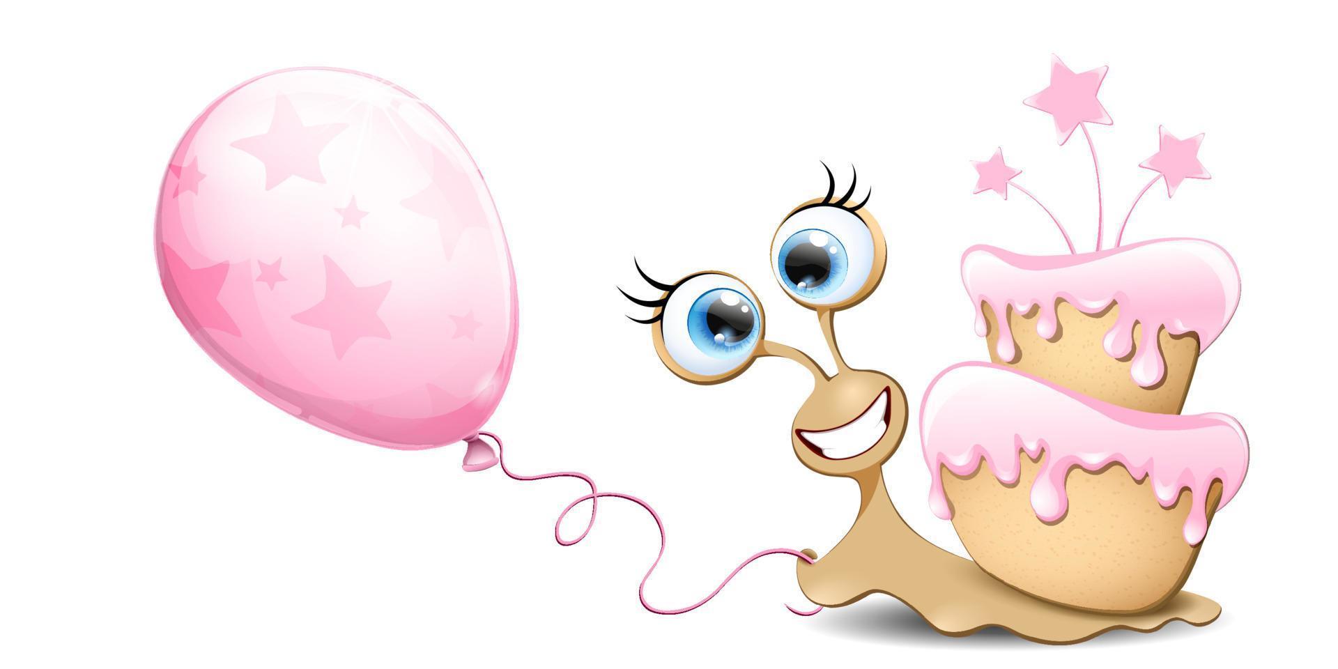Snail with pink cake and balloon vector