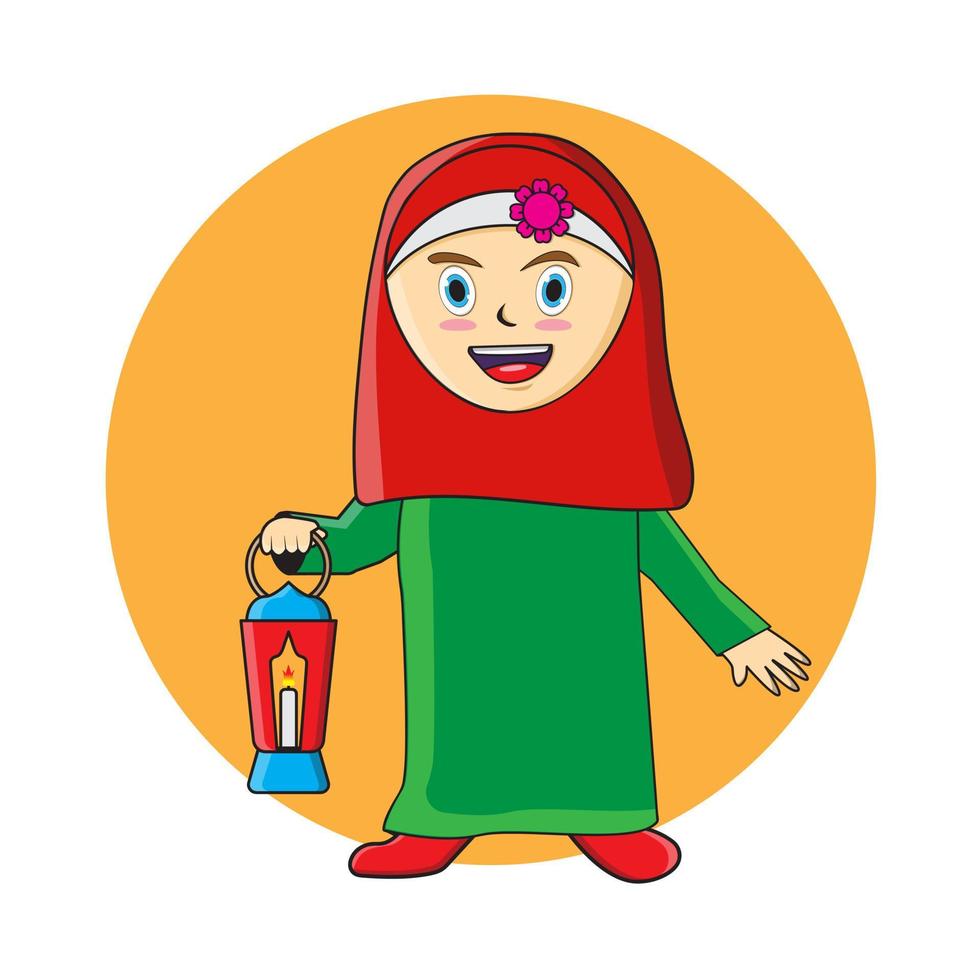Cute moslem girl with arabic lantern illustrations Vector