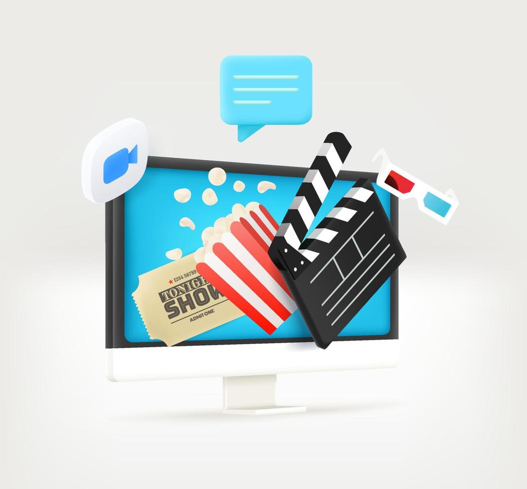 Using modern computer for watching videos. Concept with clap, ticket, chat bubble and camera icon. 3d vector illustration